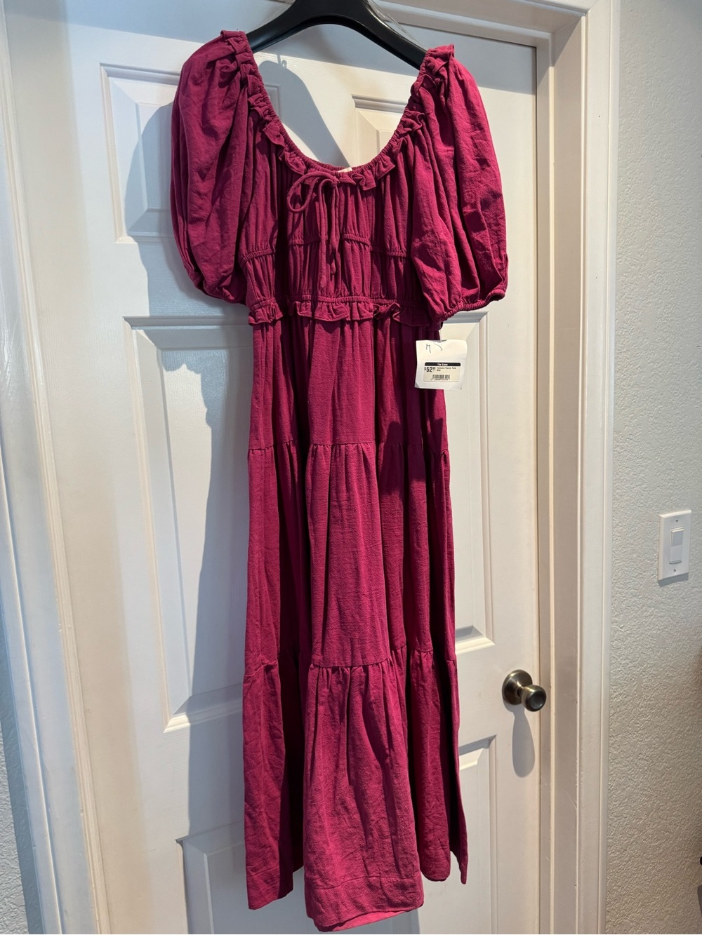 Millibon Magenta Puff-Sleeve Tiered Midi Dress